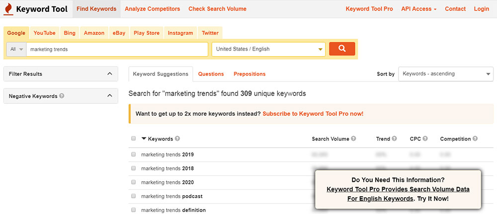 example of results from keyword tool for marketing trends